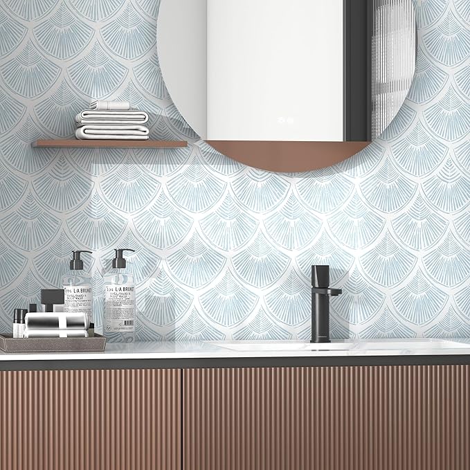 Modern Peel and Stick Wallpaper 17.3''×197'' Self Adhesive Wallpaper Blue and White Decorative Contact Paper Boho Removable Wall Paper for Bedroom Waterproof Wallpapers Bathroom Cabinets Decor Vinyl