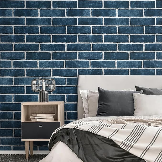 HeloHo 17.7" X 394" Blue Brick Wallpaper Peel and Stick Self-Adhesive Removable 3D Textured Wall Paper for Kitchen Backsplash Living Room Bedroom Decor