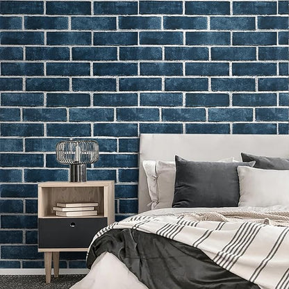 HeloHo 17.7" X 394" Blue Brick Wallpaper Peel and Stick Self-Adhesive Removable 3D Textured Wall Paper for Kitchen Backsplash Living Room Bedroom Decor