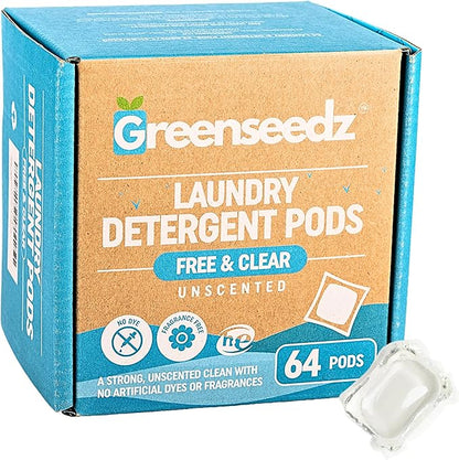 Laundry Detergent Pods Free & Clear, Unscented, 64 Count, Eco Friendly, Biodegradable, HE Compatible, Powerful Stain & Odor Removal