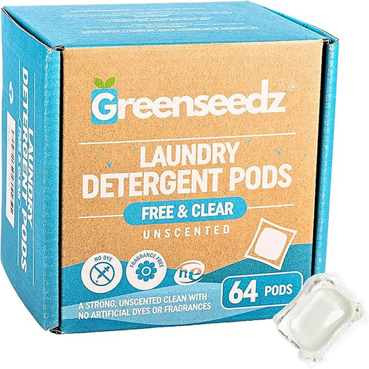 Laundry Detergent Pods Free & Clear, Unscented, 64 Count, Eco Friendly, Biodegradable, HE Compatible, Powerful Stain & Odor Removal