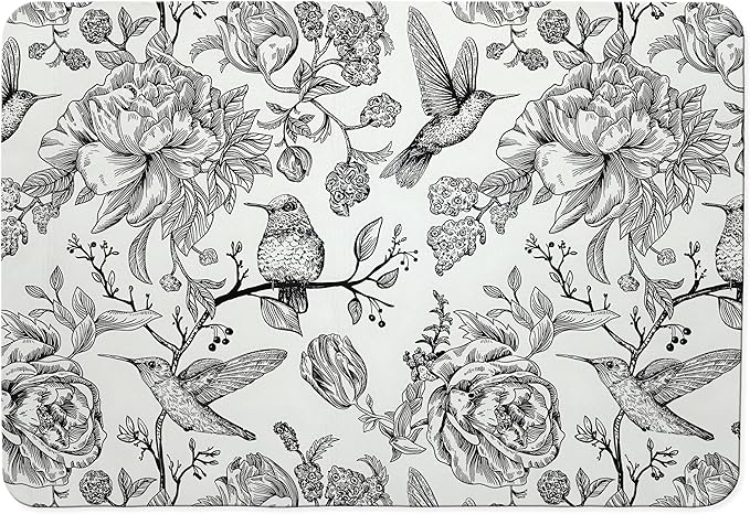 Black and White Floral Hummingbird Dish Drying Mat, Vintage Botanical Coffee Bar Mat for Countertops, Bird Flower Absorbent Dish Drying Mats for Kitchen Counter Coffee Maker, 16x24 Inch