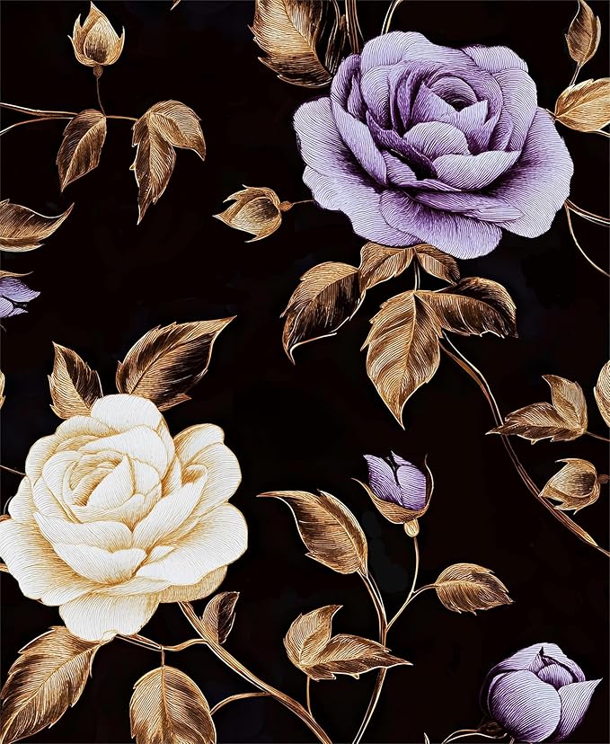 Laatse Golden Floral Wallpaper Peel and Stick Vintage Purple Gold Rose Contact Paper Self Adhesive Removable Retro Dark Flower Wall Mural for Bedroom Walls Shelves Cabinet Table Decor 17.5" x 118"