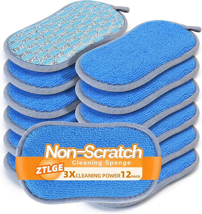 Multi-Purpose Scrub Sponges Kitchen – 12 Pack Dish Sponge, Dual-Sided Non-Scratch Microfiber & Metal Scrubber, Reusable Sponges for Dishes, Pots, Glass, Sink, Stovetop & Bathroom (Blue)