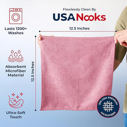 USANOOKS Microfiber Cleaning Cloth Light Pink - 50 Pcs 12.5"x12.5" - High Performance - 1200 Washes, Ultra Absorbent Towels Weave Grime & Liquid for Streak-Free Mirror Shine - Car Washing Cloth