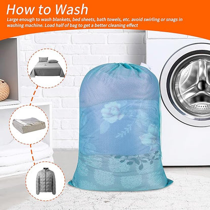Polecasa Heavy Duty Large Mesh Laundry Bags with ID Tag and Locking Drawstring Closure - 2 Pack, 24 x 36 inches - Laundry Hamper Liner, Washable Laundry Bag for Travel, Sports, Dorms (Aqua)