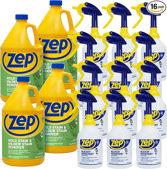 Zep Mold Stain and Mildew Stain Remover 1 Gal (Case of 4) Bleach Resistant Sprayer Bottles (Case of 12) - ZUMILDEW128 - Industrial-Strength Formula Quickly Cleans and Brightens