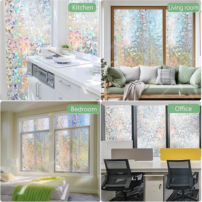 HIDBEA Window Privacy Film Static Clings, Rainbow Window Film, 3D Decals Non-Adhesive Window Vinyl Film for Home Door, 17.3 Inch x 6.5 Feet