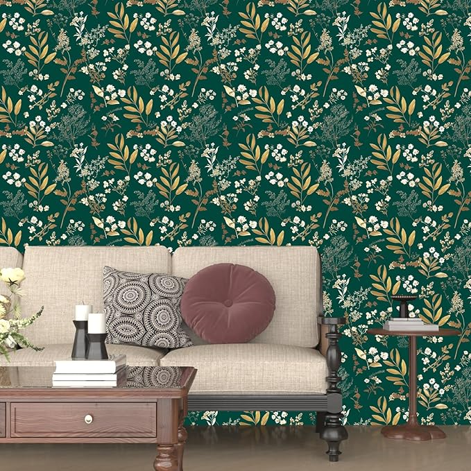 Laatse Dark Green Floral Wallpaper Peel and Stick Green Golden Leaf Wallpaper Vintage Floral Contact Paper Waterproof Self Adhesive Boho Delicate Wall Paper for Cabinet Rooms Walls Locker 17.5" x 118"
