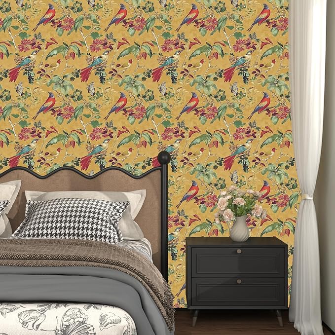 Vintage Floral Bird Wallpaper Peel and Stick,Boho Yellow Contact Paper, Retro Botanical Wall Paper Self Adhesive Removable Waterproof for Bedroom Walls Shelves Cabinet Table Decoration 17.5in x 393in