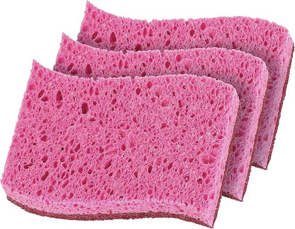 Superio Non-Scratch Cellulose Sponge Kitchen Scrub Sponges with Scouring Pad Set, Good for Non-Stick Cookware Frying Pan, Pot, Counter Top, Sink Scrubbing, Kitchen Scrubbers, Pack of 3, RedPink