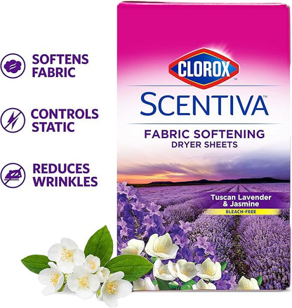 Clorox Scentiva Fabric Softener Dryer Sheets, Tuscan Lavender & Jasmine Scent - Wrinkle Reducing Scented Softening Laundry Dryer Sheets for Great Smelling Clothes, 40 Count