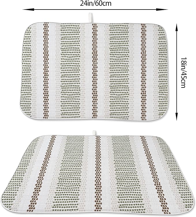 Boho Dish Drying Mat 18x24 Inches For Kitchen Counter Absorbent Modern Abstract Green Brown Stripes Polka Dot Kitchen Drying Mat Pad For Home Kitchen,Dining Room,Office Decoration