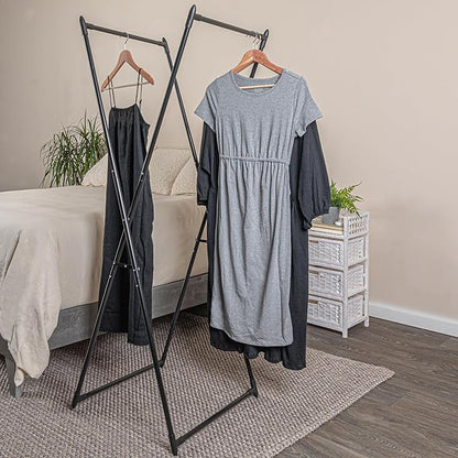 Household Essentials Valet Folding Clothes Rack, Strong Metal X-Frame, Chic Design, Great for Guest and Dressing Rooms, Portable and Easy to Use, Folds Flat, Black