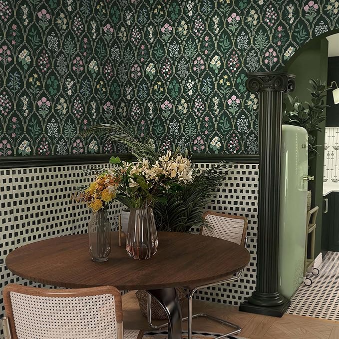 Dimoon 17.3''x196.8'' Peel and Stick Wallpaper Floral Contact Paper Vintage Wallpaper Green Pink Renter Friendly Waterproof Upgrade Embossed Self Adhesive Kitchen Bedroom Cabinet