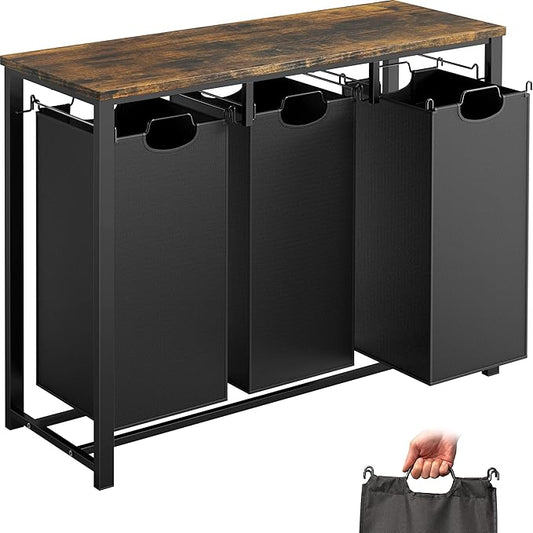 Simple Houseware 3-Section Laundry Sorter with Tabletop Shelf, 3 Pull-Out 10-Gallon Hampers, Metal Frame Laundry Organizer for Bedroom, Bathroom, Rustic Brown