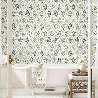 Dimoon 78.7"x17.3" Peel and Stick Wallpaper Contact Paper Floral Modern Removable Wallpaper Beige Wall Paper Self Adhesive Boho Contactpaper for Cabinets Drawers Blue Vintage Bedroom Thicken Vinyl