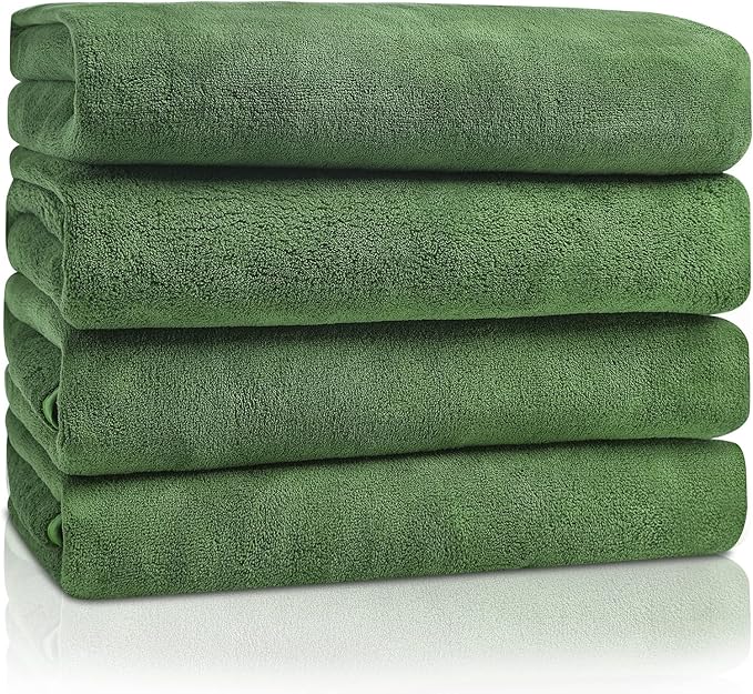 GraceAier Microfiber Bath Towels 4 Pack, 28x56 Inch Coral Velvet Quick Dry Towel Set, Highly Absorbent, Ultra Soft & Lint-Free for Bathroom, Gym, Travel and Swim-Green