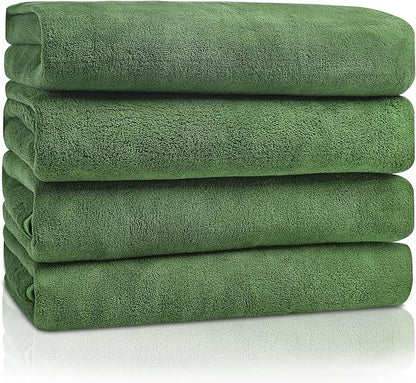 GraceAier Microfiber Bath Towels 4 Pack, 28x56 Inch Coral Velvet Quick Dry Towel Set, Highly Absorbent, Ultra Soft & Lint-Free for Bathroom, Gym, Travel and Swim-Green