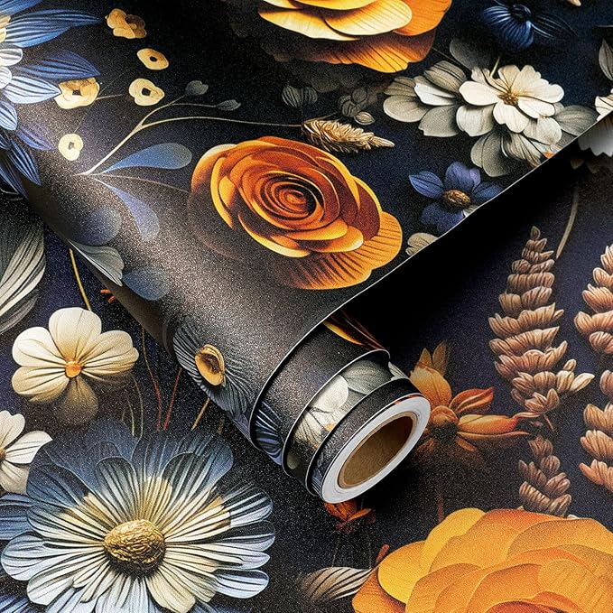 FunStick Dark Blue Floral Wallpaper Peel and Stick Orange Faux 3D Embossed Floral Wall Paper Modern Vinyl Wall Art Decor Removable Navy Blue Beige Daisy Rose Floral Contact Paper for Cabinets Ceiling