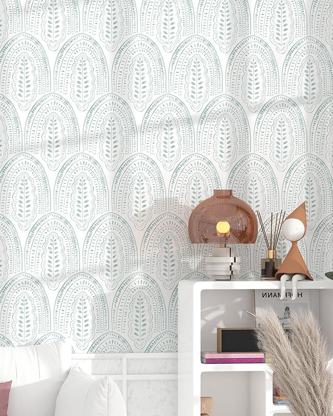 Modern Peel and Stick Wallpaper Boho Contact Paper 17.3''×78.8'' Self Adhesive Removable Wallpaper Peel and Stick Wall Paper Green and White Wallpapers for Bedroom Bathroom Cabinets Decor Vinyl