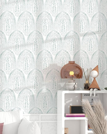Modern Peel and Stick Wallpaper Boho Contact Paper 17.3''×393'' Self Adhesive Removable Wallpaper Peel and Stick Wall Paper Green and White Wallpapers for Bedroom Bathroom Cabinets Decor Vinyl