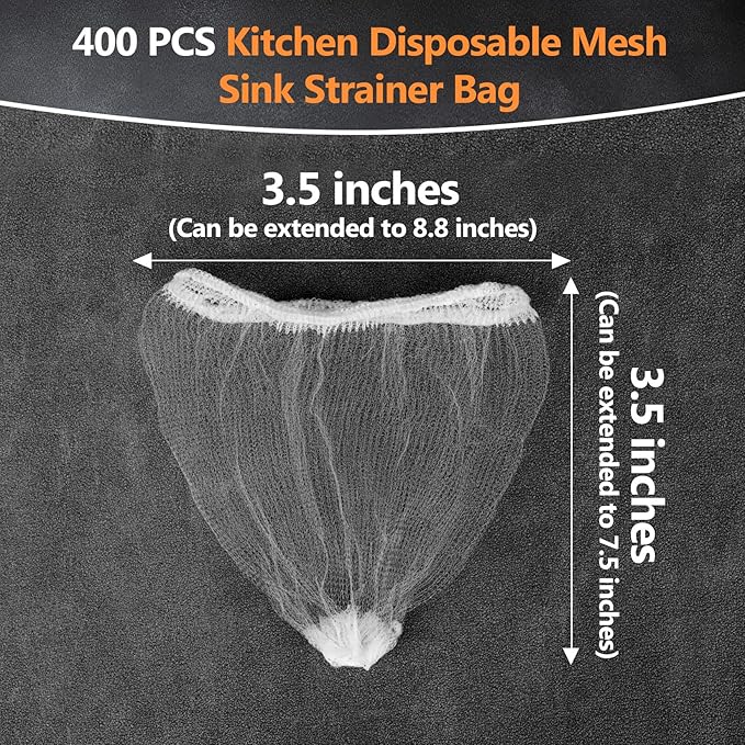 RAINFLOW 400 PCS Disposable Kitchen Mesh Sink Strainer Bag - Kitchen Sink Food Catcher Mesh Bag Elastic Net Drain Hair Catcher Strainer Bags for Drain Anti-Clogging Collecting Food Waste (4 x 4 Inch)