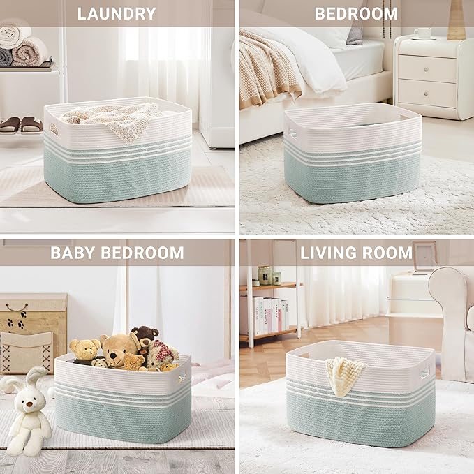 45L Small Laundry Basket for Living Room Storage, Woven Rope Baskets Bin for Blanket, Kids Toy, Gifts, Wicker Hamper for Bedroom Dirty Clothes, 18"x14"x11" White Green