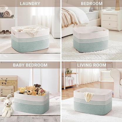 45L Small Laundry Basket for Living Room Storage, Woven Rope Baskets Bin for Blanket, Kids Toy, Gifts, Wicker Hamper for Bedroom Dirty Clothes, 18"x14"x11" White Green