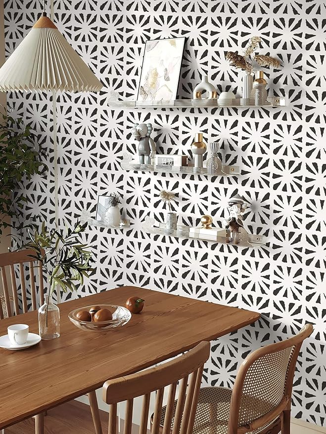 Dimoon 17.3''x78.7'' Peel and Stick Wallpaper Modern Black White Boho Contact Paper Geometric Vintage Thickening Embossed Cream Self Adhesive Renter Friendly Wall Paper for Bedroom Bathroom Vinyl Roll