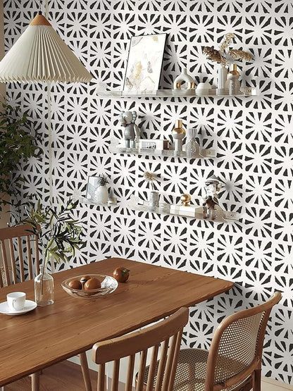 Dimoon 17.3''x157'' Peel and Stick Wallpaper Modern Black White Boho Contact Paper Geometric Vintage Thickening Embossed Cream Self Adhesive Renter Friendly Wall Paper for Bedroom Bathroom Vinyl Roll