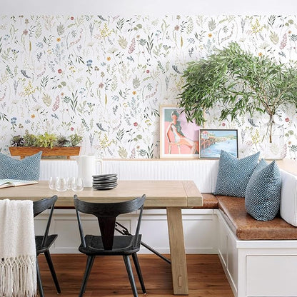 Dimoon 236"x16.1" Floral Peel and Stick Wallpaper White Contact Paper Thicken Wallpaper Delicate Flower Waterproof Green Leaf White Self Adhesive Removable Wall Paper Shelf Liner Vinyl Roll