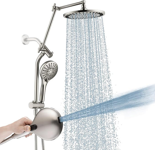 BRIGHT SHOWERS Rain Shower Head with Handheld Spray, High Pressure Dual Shower Head, Adjustable Extension Arm & Slide Bar, 9 Spray Modes Built-in Power Wash, 3-Way Diverter, 69" Hose, Brushed Nickel
