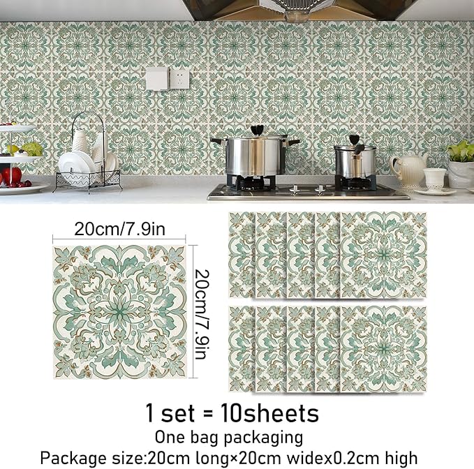 Vintage Retro Tile Stickers - 10 pcs 20cm/7.87inch Embossed Moroccan Pattern Peel & Stick Wall Tiles, 3D Textured PVC Waterproof Backsplash for Kitchen, Bathroom, Laundry Room Decor