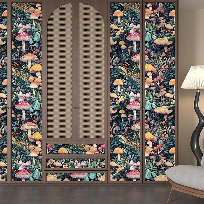 Extra Long Colorful Peel and Stick Wallpaper – Vintage Wonderland Mushroom Floral Self-Adhesive Contact Paper for Room Cabinet Drawer, Removable Vinyl Wallpaper Green Orange Red 17.5" x 393"