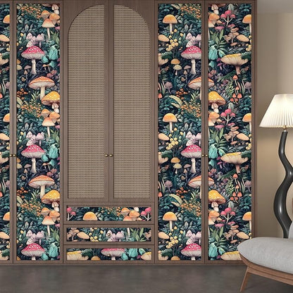 Extra Long Colorful Peel and Stick Wallpaper – Vintage Wonderland Mushroom Floral Self-Adhesive Contact Paper for Room Cabinet Drawer, Removable Vinyl Wallpaper Green Orange Red 17.5" x 393"