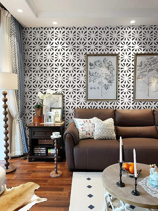 Dimoon 17.3''x78.7'' Peel and Stick Wallpaper Modern Black White Boho Contact Paper Geometric Vintage Thickening Embossed Cream Self Adhesive Renter Friendly Wall Paper for Bedroom Bathroom Vinyl Roll