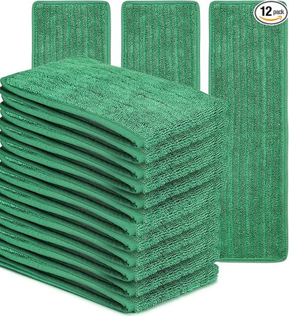 Matthew 18'' Microfiber Mop Replacement Pads for Wet Dry Reusable Mops Floor Home Commercial Cleaning Refills, Machine Washable Compatible with Bona Mop&Any Microfiber Flat Mop System Green (12 Pack)