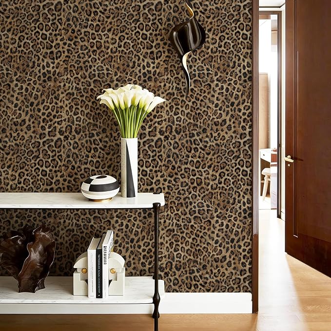 JiffDiff Upgrade Leopard Print Peel and Stick Wallpaper, 17.3" x 120" Waterproof Removable Self Adhesive Wallpaper, Brown Unique Funky Cheetah Contact Paper for Bedroom, Bathroom, Decor