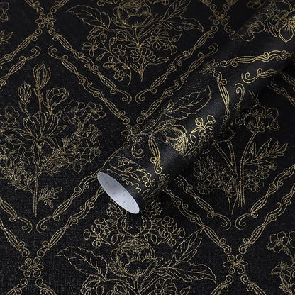 Toduso Peel and Stick Wallpaper Vintage Wall Paper Boho Contact Paper Black and Gold Floral Removable Wallpaper for Bathroom Bedroom Flower Waterproof Self Adhesive Vinyl Drawer Decor 17.3"x393.7"