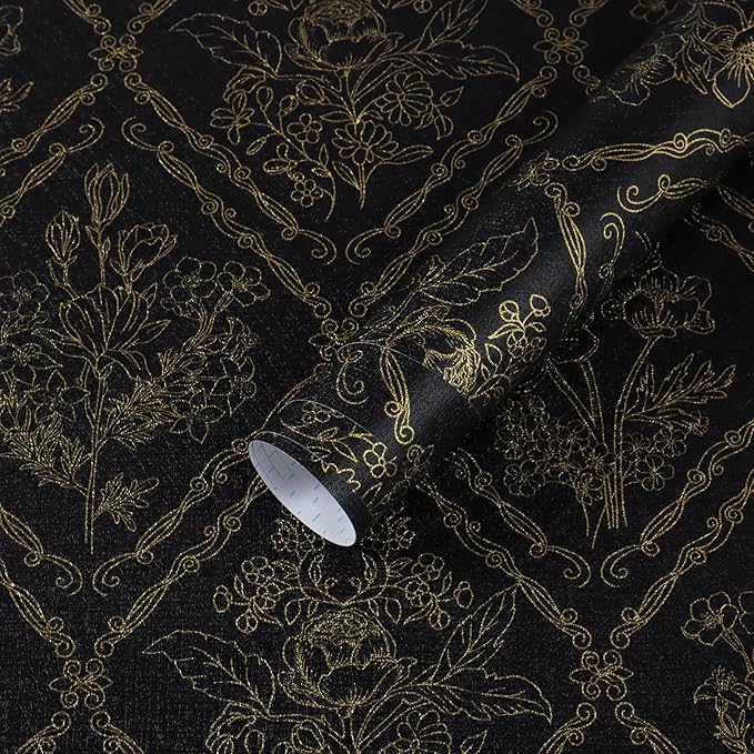 Toduso Peel and Stick Wallpaper Vintage Wall Paper Boho Contact Paper Black and Gold Floral Removable Wallpaper for Bathroom Bedroom Flower Waterproof Self Adhesive Vinyl Drawer Decor 17.3"x196.8"