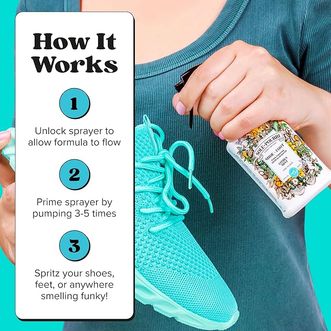 Sole-Pourri Shoe Deodorizer + Foot Spray, 3.4 Fl Oz, Up to 150 Uses, Funk-Fighting Odor Freshener with Essential Oils, for Smelly Shoes, Feet & Gym Bags, Citrus & Mint Scent