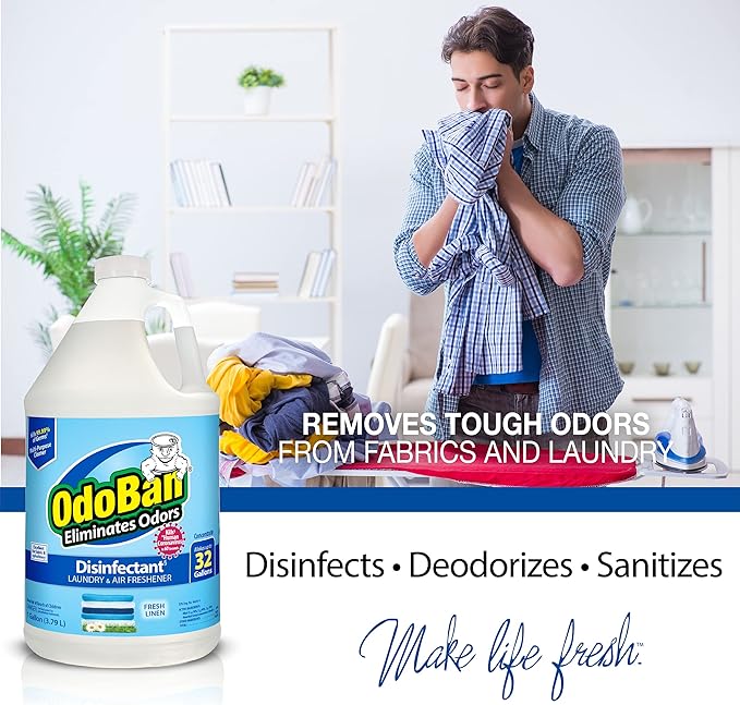 OdoBan Ready-to-Use Disinfectant and Harsh Aroma Eliminator, Set of 2, 14.6 Ounce 360-Degree Continuous Spray Fabric/Air Freshener and 1 Gallon Multi-Purpose Cleaning Concentrate, Fresh Linen Scent