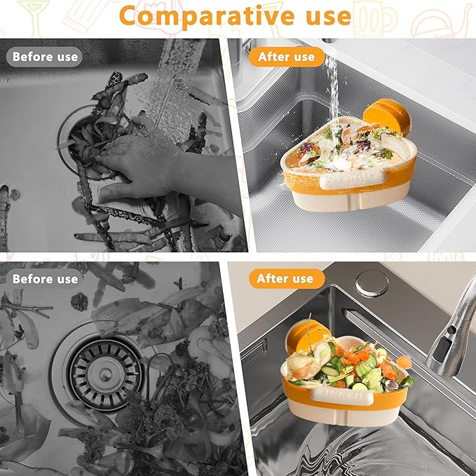 Kitchen Sink Strainer Basket, Suction Cup Press-to-attach Sink Filters, Upgraded Automatic Tipping Sink Filter Basket, Faucet Sponge Storage Shelf, Corner Sink Strainers (Yellow)