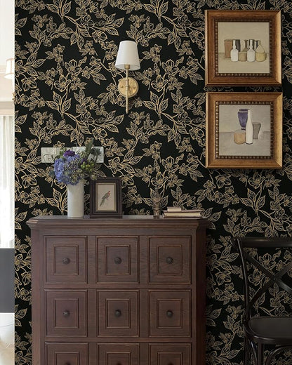 Ismoon Peel and Stick Wallpaper Black and Gold Stick on Wallpaper Dark Floral 17.3x78.7in Black Modern Wall Paper Removable Self Adhesive Contact Paper for Bedroom Cabinets Shelf Liner Vinyl