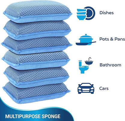 Miracle Microfiber Kitchen Sponge by Scrub-It (6 Pack) - Non-Scratch Heavy Duty Dishwashing Cleaning sponges- Machine Washable - (Blue)