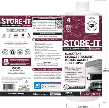 Unique Store-It RV Black Tank Cleaner Liquid - Cleans and Deodorizes Tanks While RV is in Short or Long Term Storage - 4 Uses Per Bottle 32 oz (2-Pack) Packaging May Vary