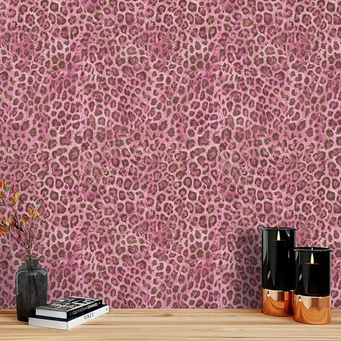 JiffDiff Upgrade Leopard Print Peel and Stick Wallpaper, 17.3" x 1200" Waterproof Removable Self Adhesive Wallpaper, Pink Unique Funky Cheetah Contact Paper for Bedroom, Bathroom, Decor