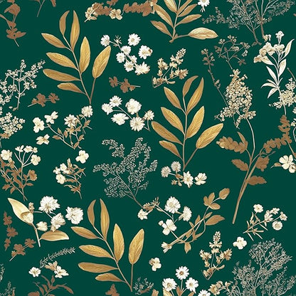 Laatse Dark Green Floral Wallpaper Peel and Stick Green Golden Leaf Wallpaper Vintage Floral Contact Paper Waterproof Self Adhesive Boho Delicate Wall Paper for Cabinet Rooms Walls Locker 17.5" x 118"
