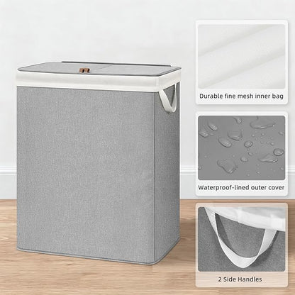 STORAGE MANIAC Double Laundry Hamper with Lid, 140L Tall Metal Frame Laundry Baskets with Removeable Bag, Large Clothes Hamper with PU Tag, Laundry Bin for Dorm, Collage, Bathroom, Bedroom, Gray